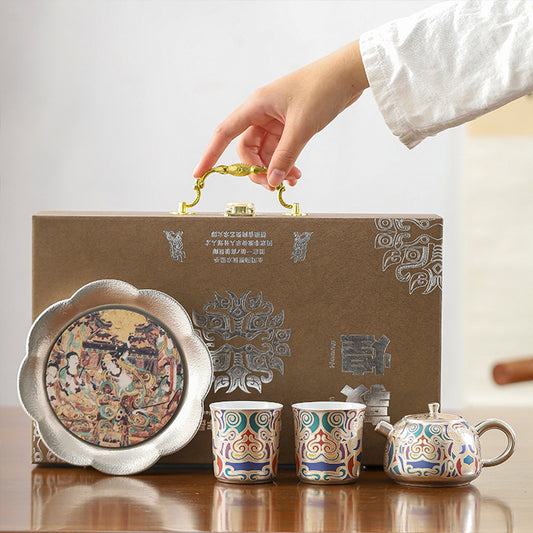 Chinese Dunhuang style sterling silver teapot set