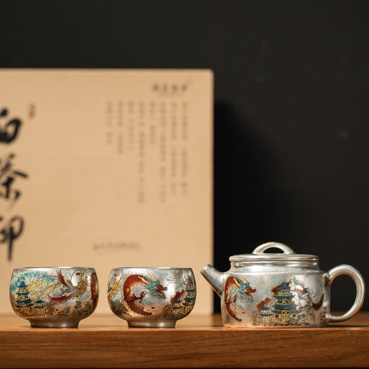 Silver-plated teapot with dragon and phoenix