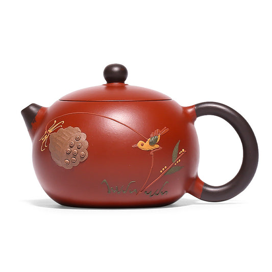 Yixing Xishi purple clay teapot, red, carved with flowers and birds