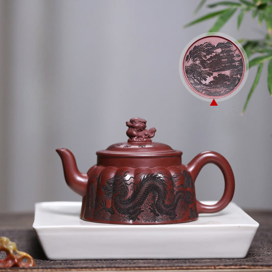 Yixing hand-carved purple clay teapot with Chinese dragon pattern